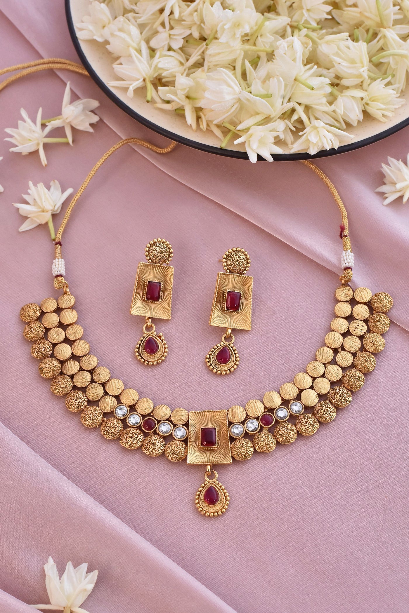 Damra Red Temple Work Necklace Set