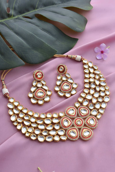 Sumaira Red Gold Plated Kundan Necklace Set