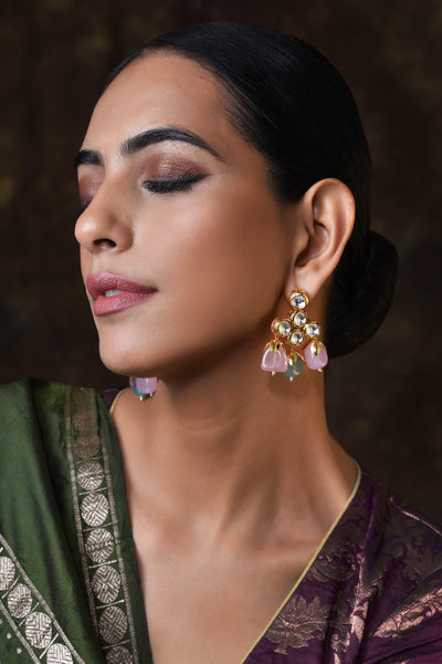 Bhaaneri Multicolor Gold Plated Kundan Dangler Earrings
