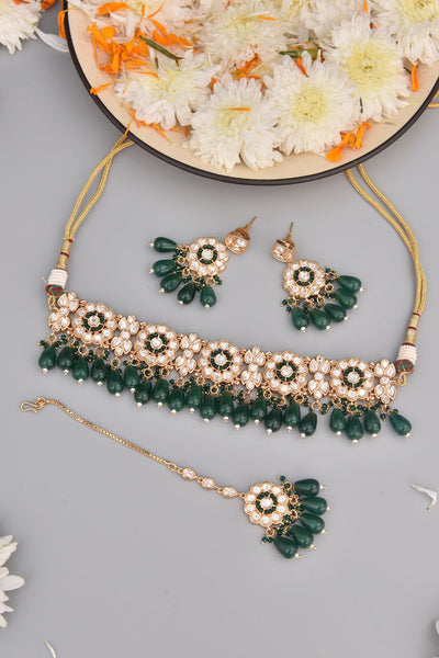Famia Green Gold Plated Kundan Choker Necklace Set