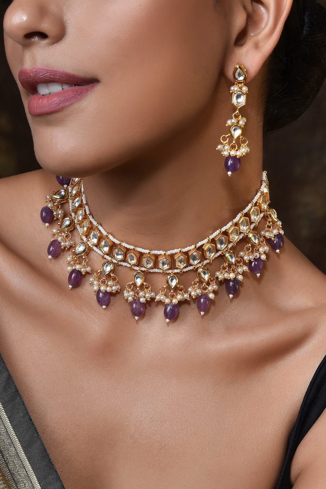 Pankti Purple Gold Plated Kundan Necklace Set Swabhimann