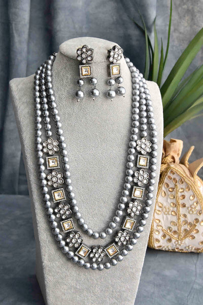 Aamani Grey Rhodium Plated Pearl Long Necklace Set