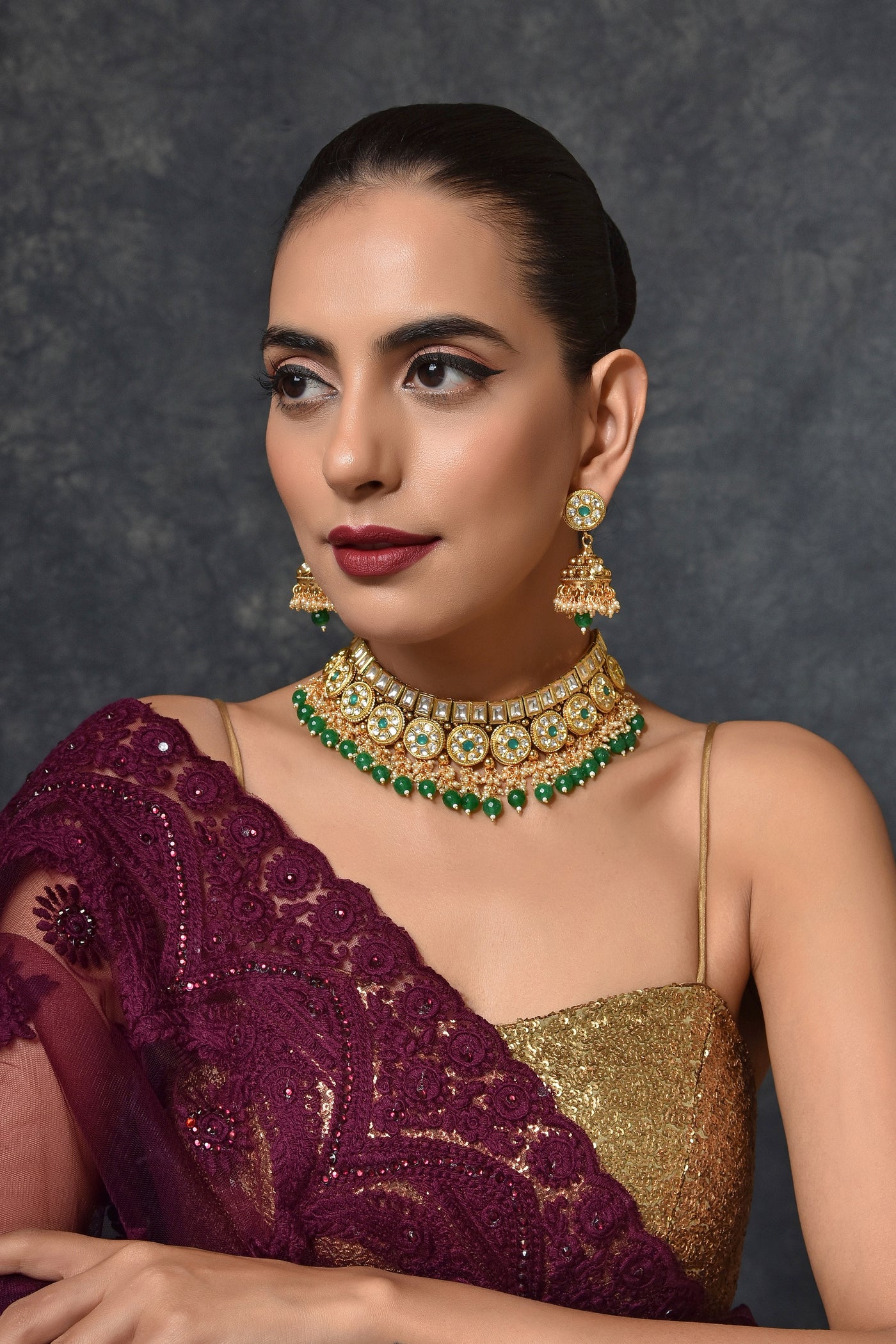 Ehsaas Green Gold Plated Kundan Necklace Set