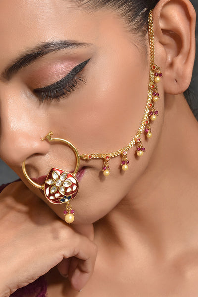 Omesa Red Meenakari Gold Plated Kundan Nose Ring