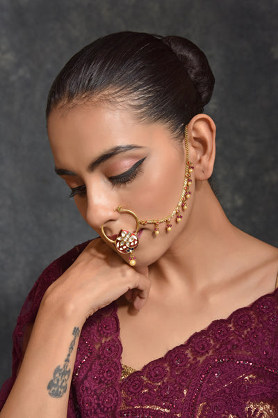 Omesa Red Meenakari Gold Plated Kundan Nose Ring