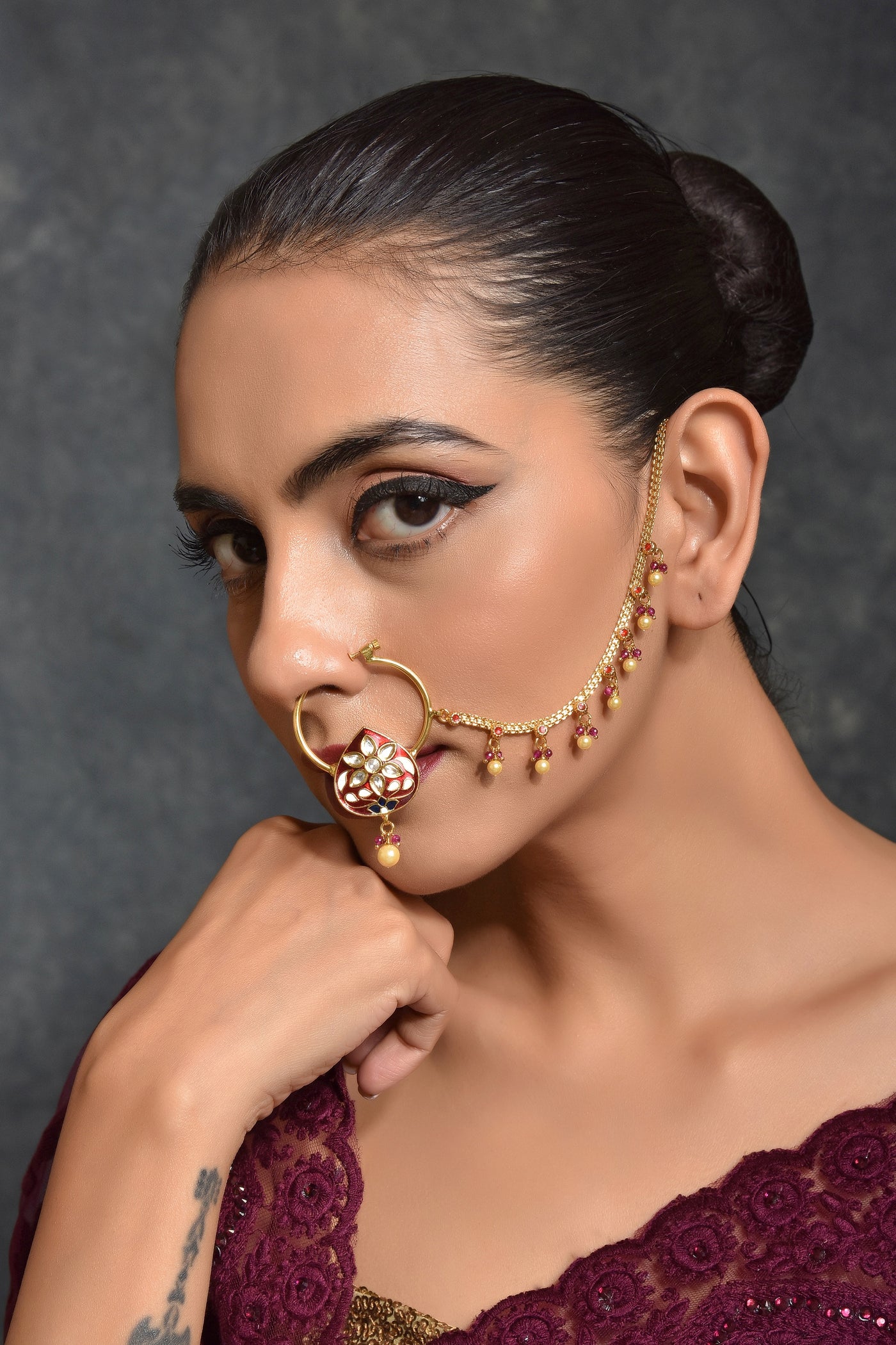 Omesa Red Meenakari Gold Plated Kundan Nose Ring