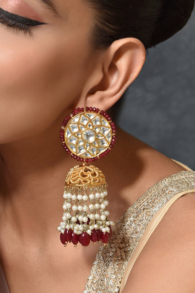 Mavishka Maroon Gold Plated Kundan Jhumka Earrings