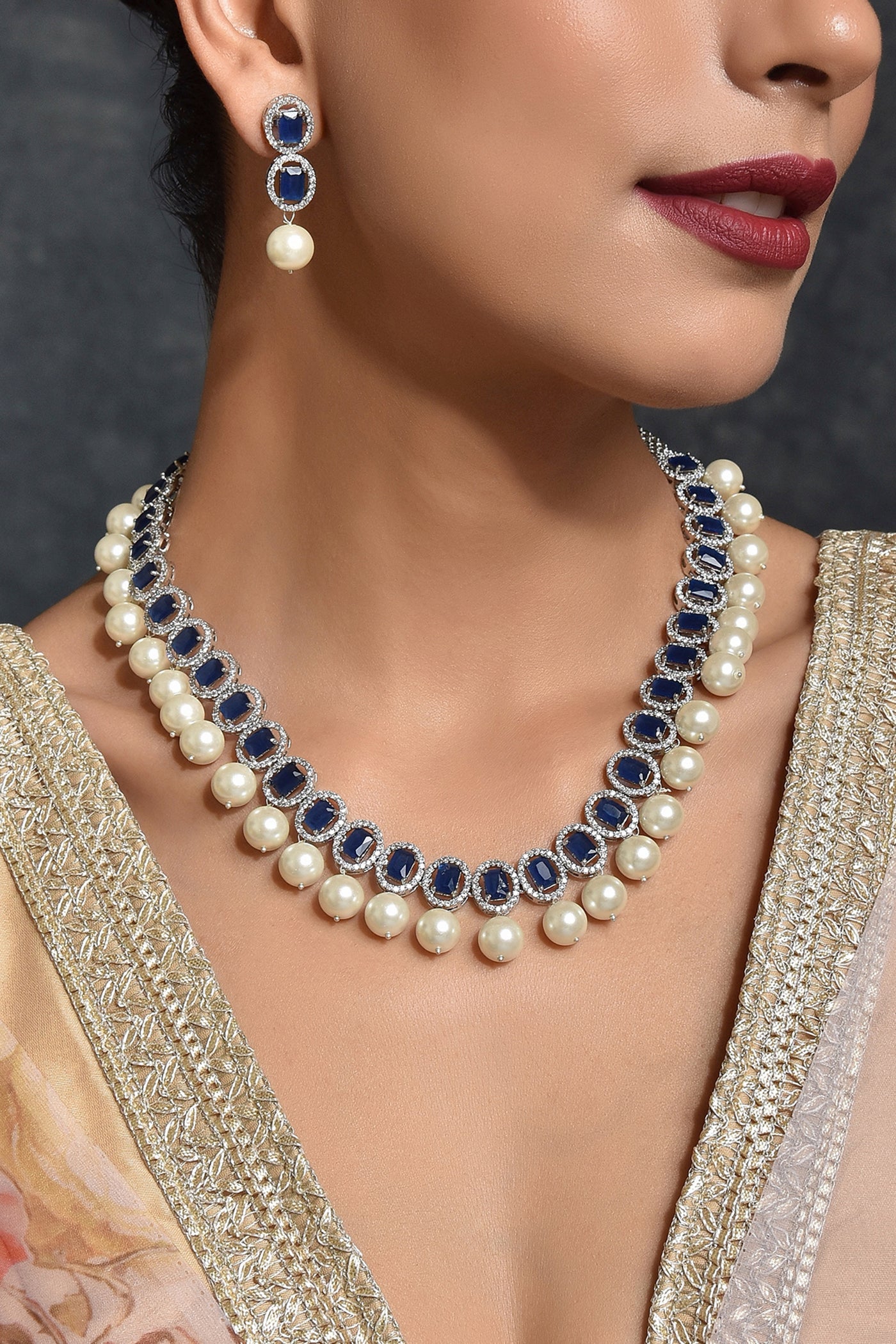 Trazy Sapphire Zirconia Pearl Necklace Set