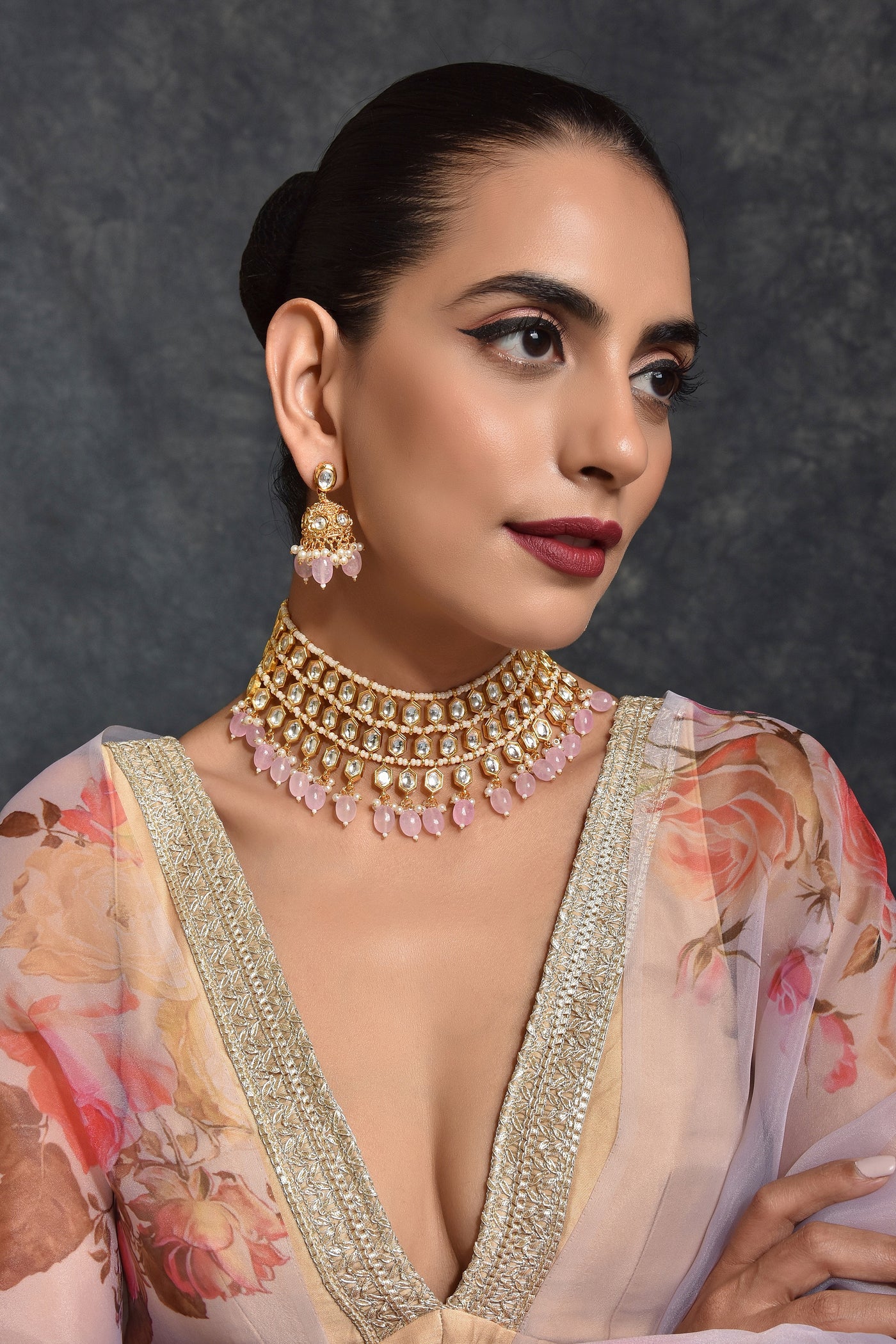 Sehar Pink Gold Plated Kundan Choker Necklace Set