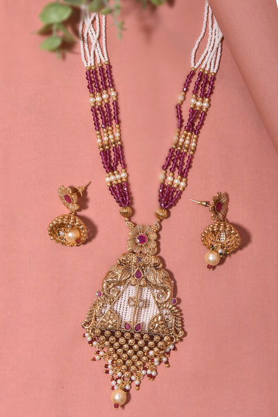 Sanithi Red Gold Plated Temple Work Necklace Set