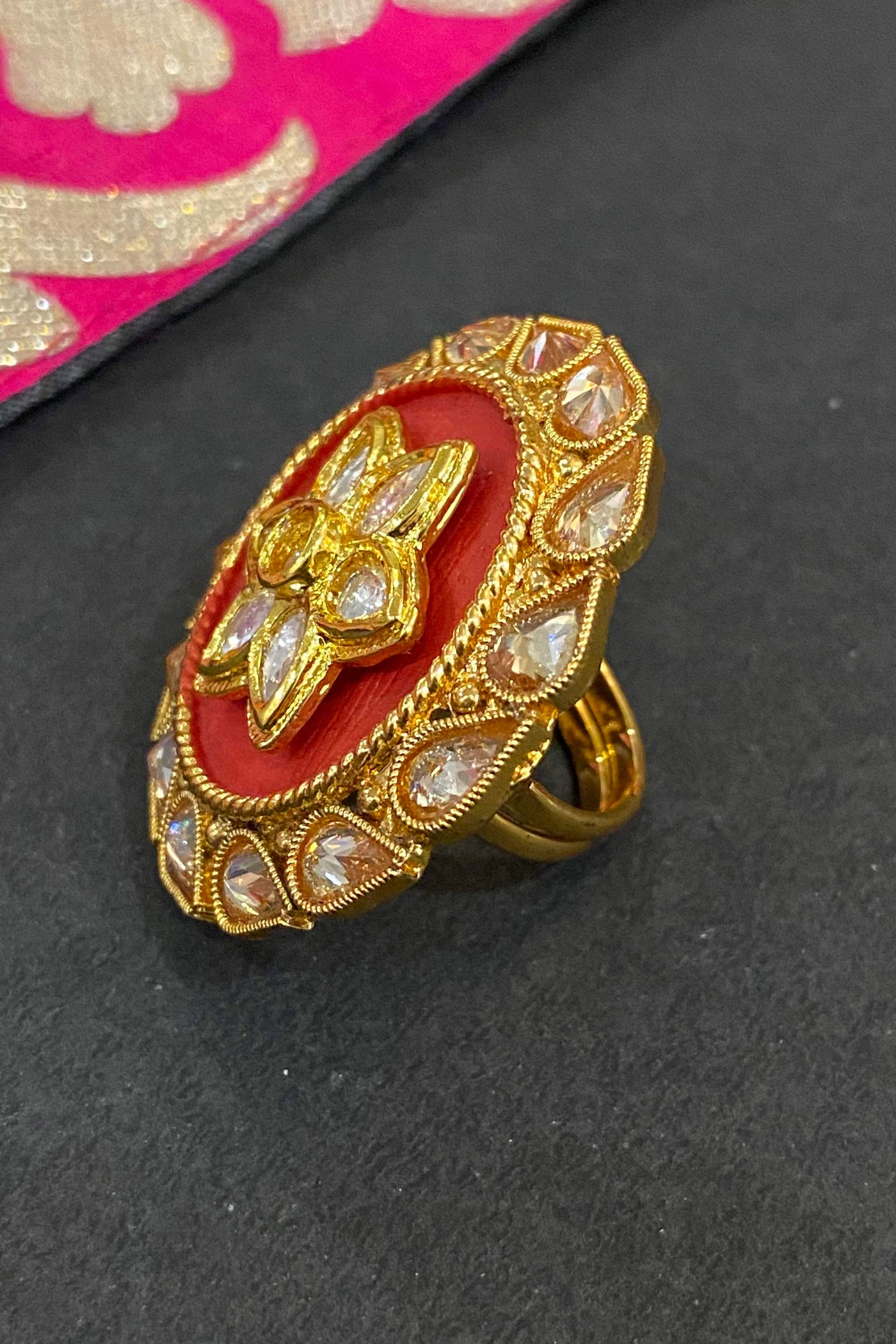 Malini Red Gold Plated Kundan Ring