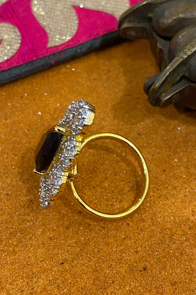 Ameena Leaf Gold Plated Zirconia Black Ring