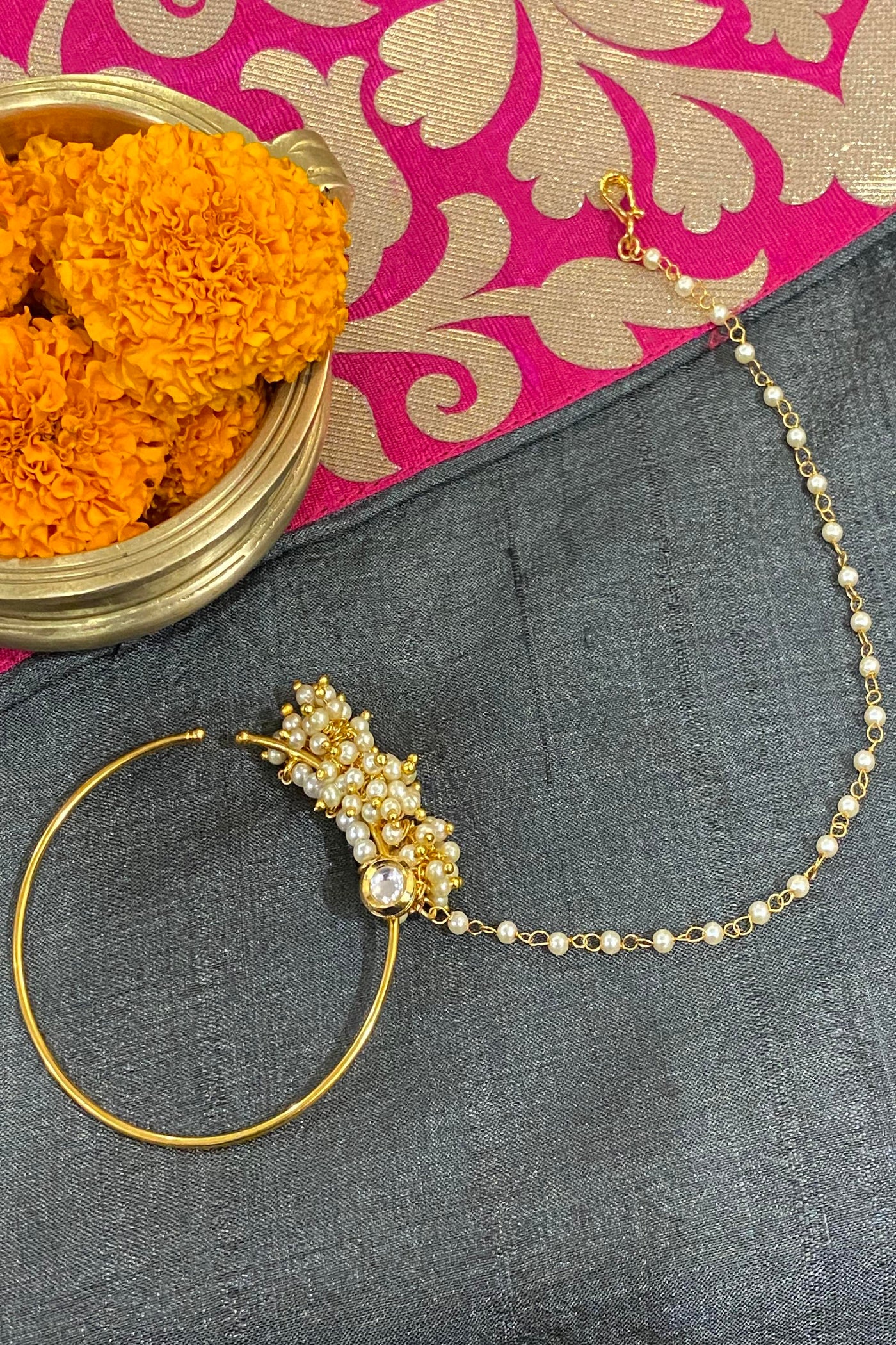 Taveri Gold Plated Pearl Nose Ring