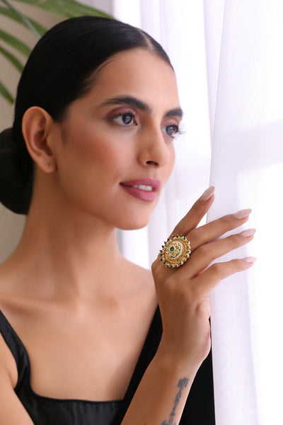 Ramia Multicolour Gold Plated Kundan Ring