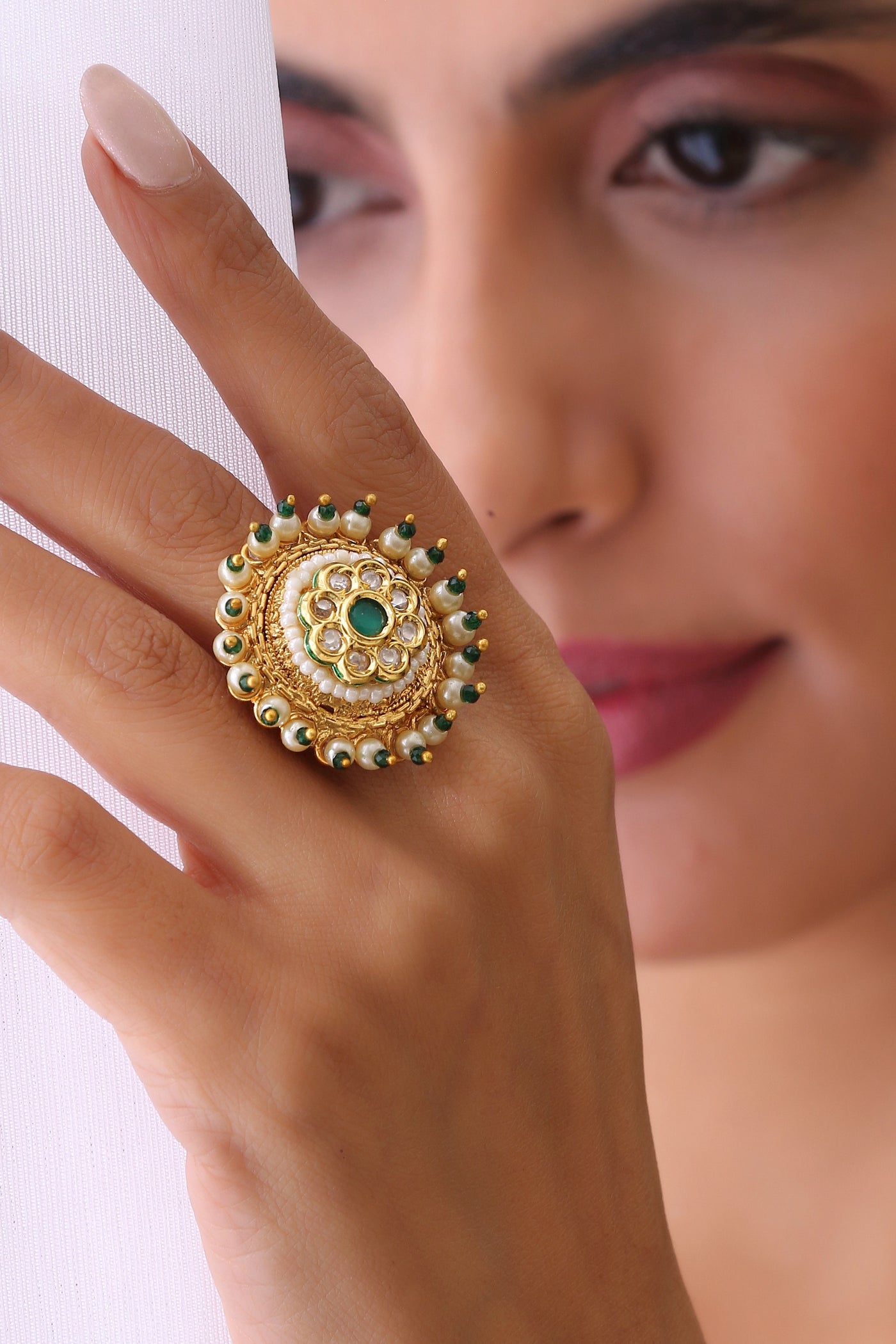 Ramia Multicolour Gold Plated Kundan Ring