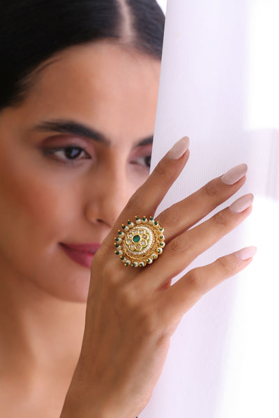 Ramia Multicolour Gold Plated Kundan Ring