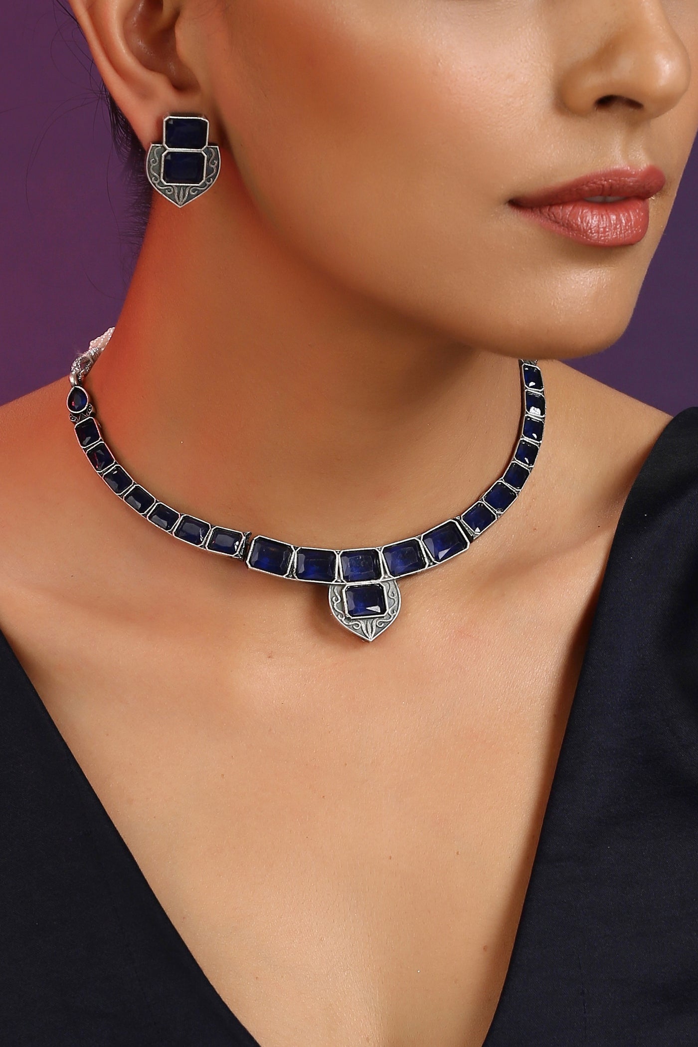 Aashmi Blue Silver Plated Zirconia Necklace Set