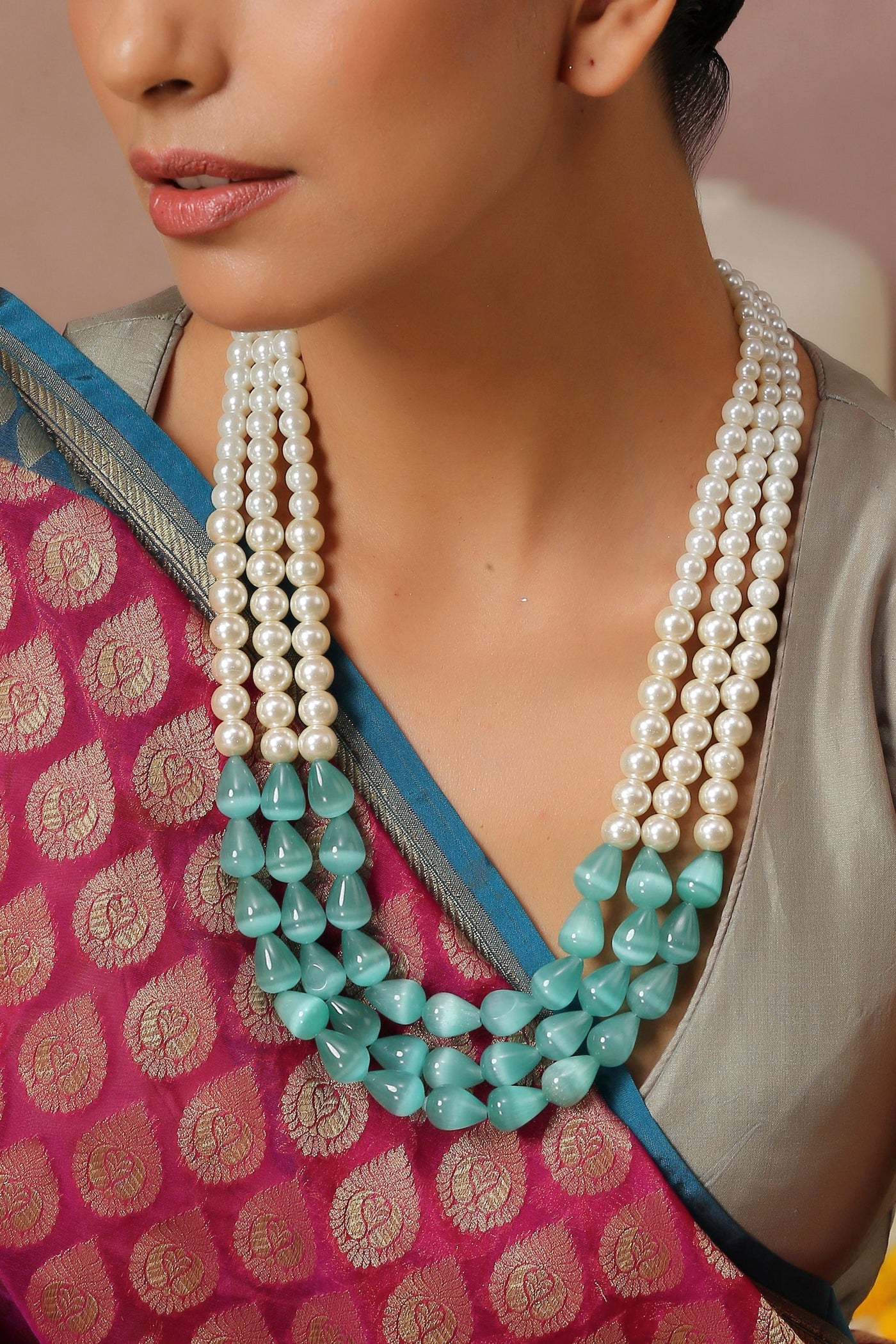 Belle Green Tumble and Pearl Layered Necklace
